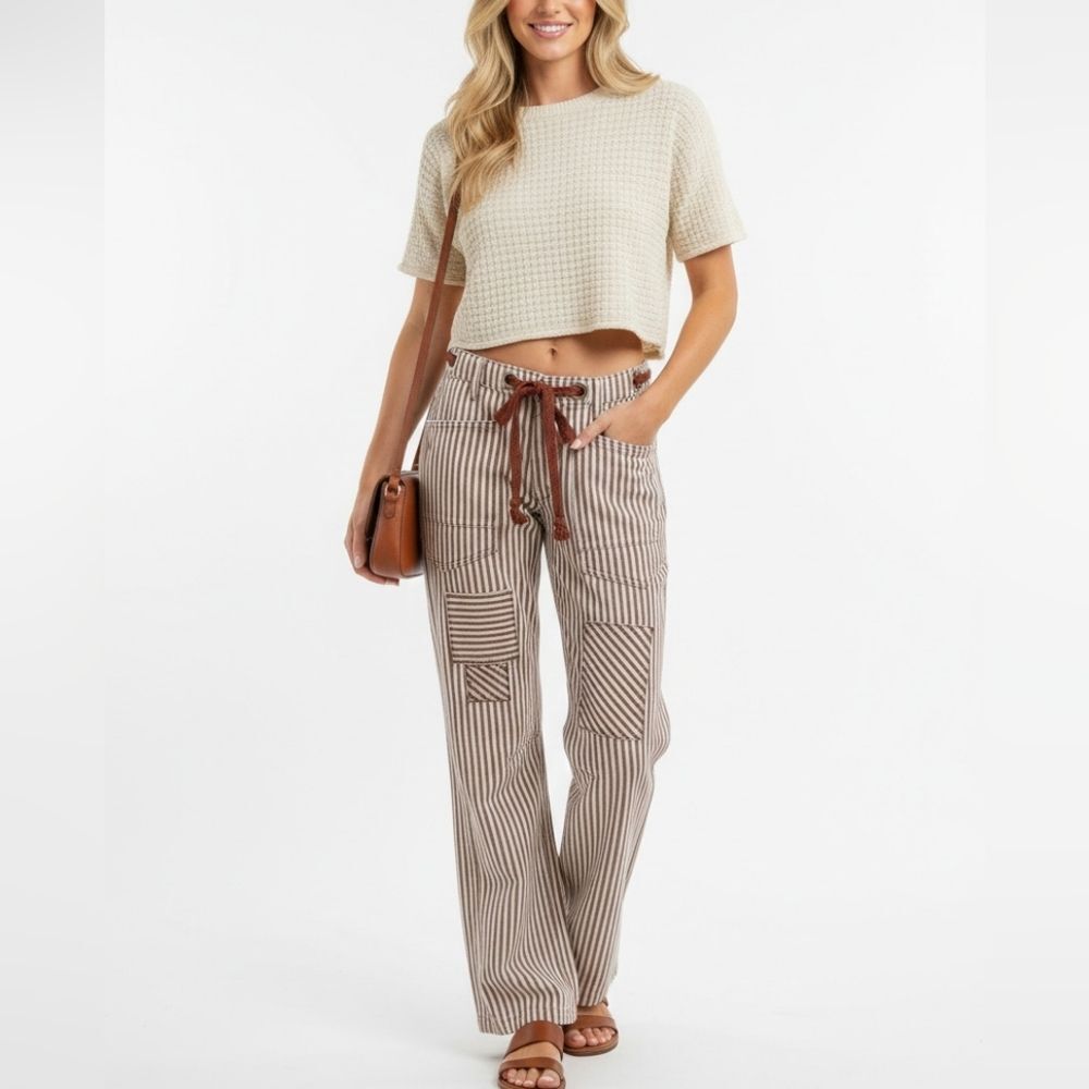 BiBi Womens Casual Drawstring Twill Barrel Striped Brown White Pants SM L XL